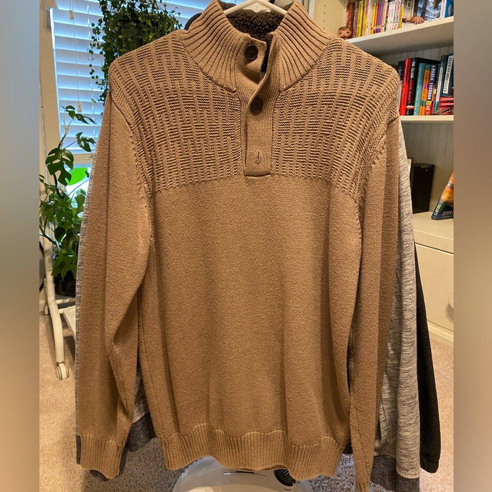 Tan 1/4 Button Turtleneck sweater with fleece lined collar